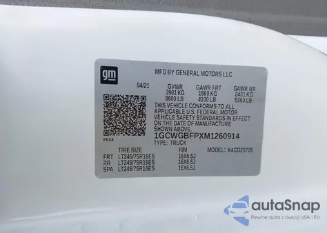 2021 Chevrolet Express Cargo Rwd 2500 Extended Wheelbase Wt z USA, uszkodzony, nr VIN 1GCWGBFPXM1260914